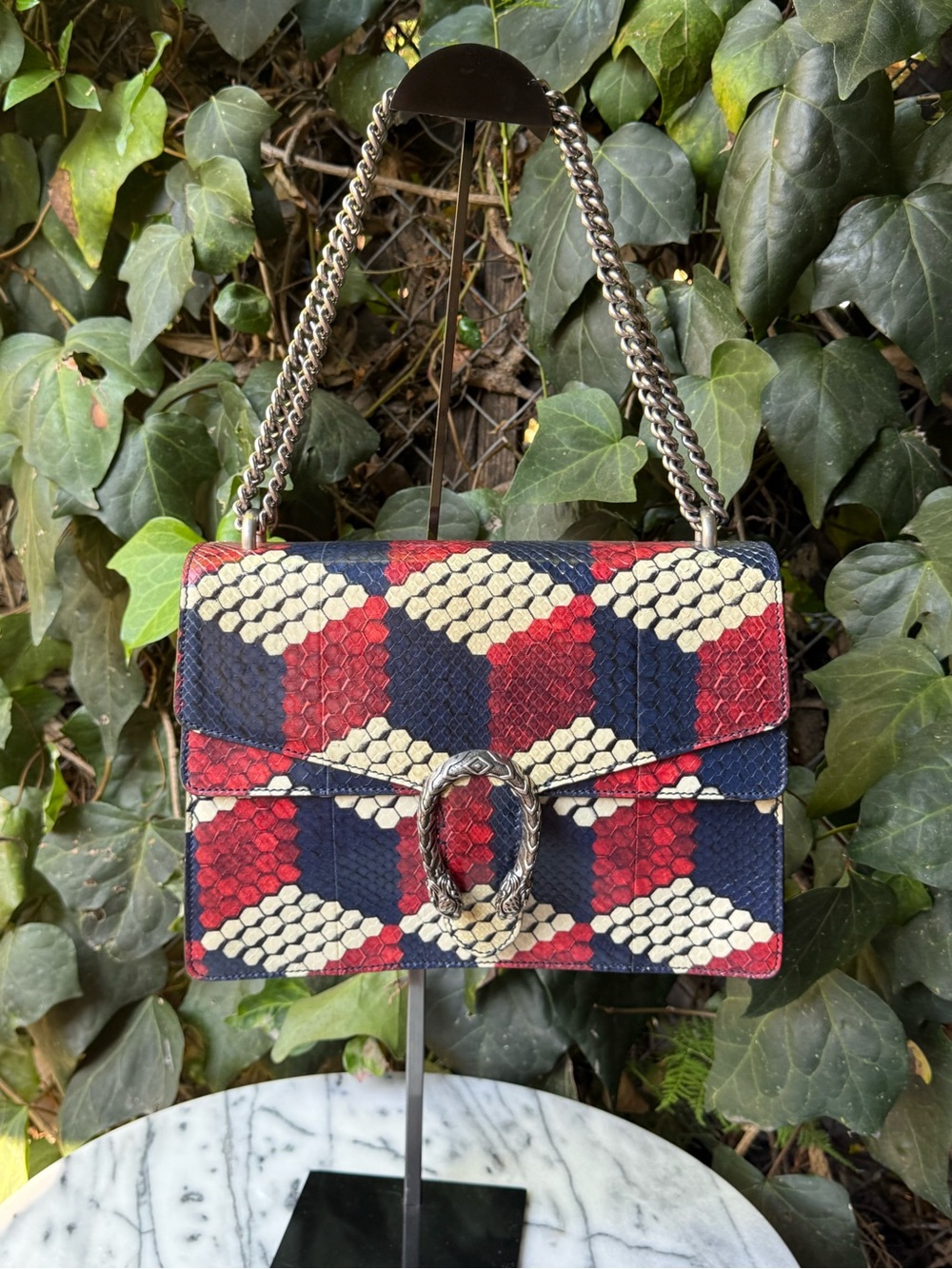 NWT Gucci Dionysus Red, Navy & Cream Snake-Embossed Chain Shoulder Bag